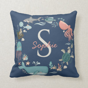 Baby 2 Names Monogram Blue Under the Sea Octopus Cushion