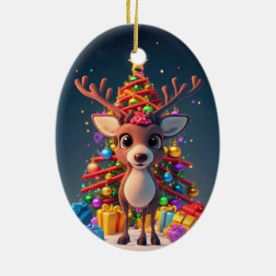 BABY 3D CARTOON REINDEER AND LIT CHRISTMAS TREE CERAMIC ORNAMENT