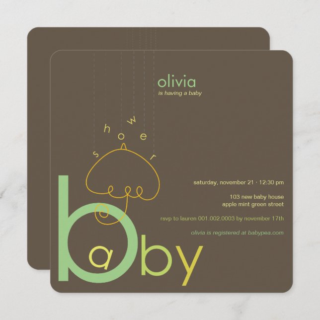 Baby a in B Belly Green Whimsical Chic Baby Shower Invitation (Front/Back)