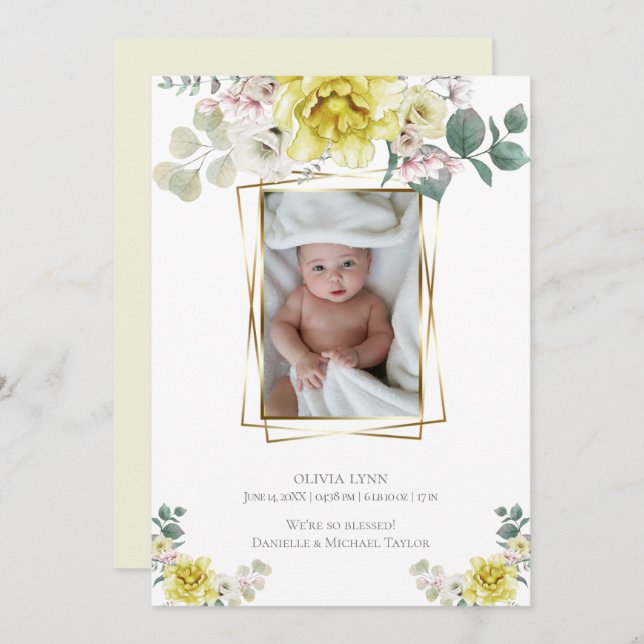 Baby |  Add Photo Yellow Peonies Gold Frame Invitation (Front/Back)