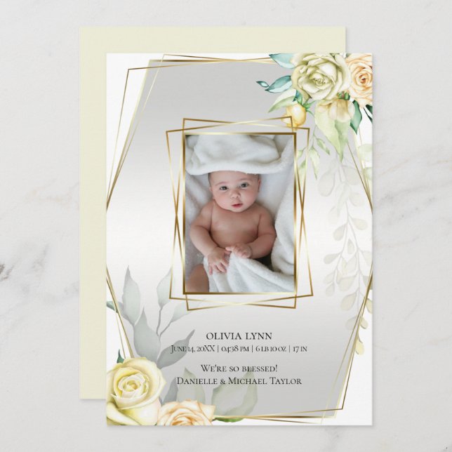 Baby |  Add Photo Yellow Roses Gold Frame Invitation (Front/Back)