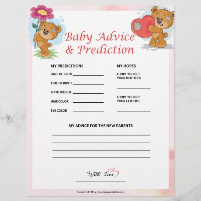 Baby Advice & Prediction [Teddy Bears] Custom Letterhead (Front)