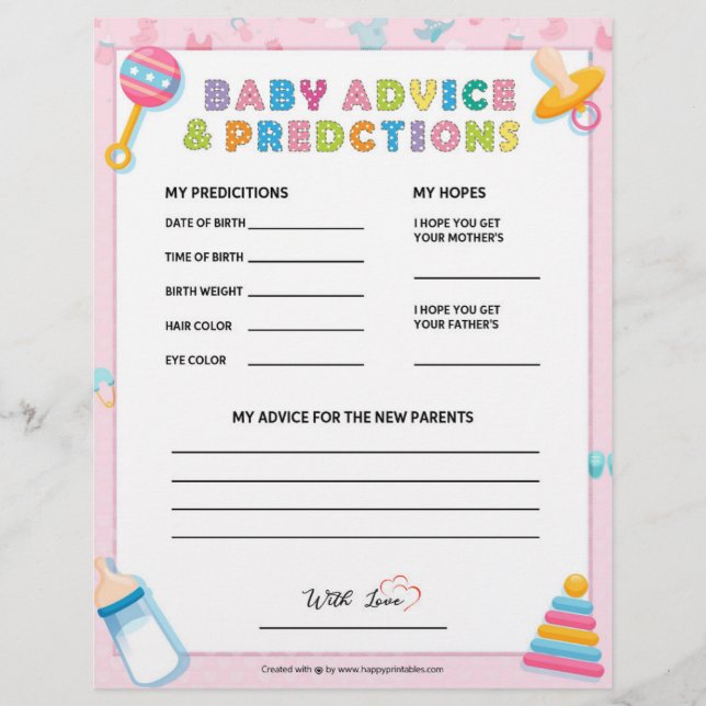 Baby Advice & Predictions [Baby Basics Pink] Custom Letterhead (Front)