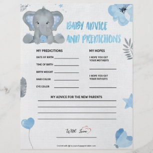 Baby Advice & Predictions [Baby Elephant [Blue] Custom Letterhead