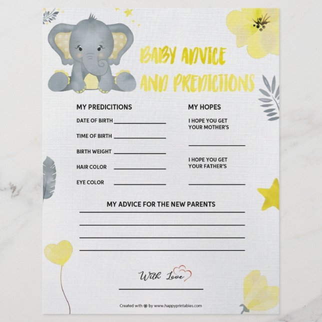 Baby Advice & Predictions [Baby Elephant [Yellow]] Custom Letterhead (Front)