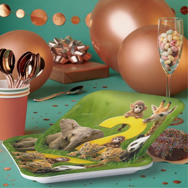 Baby African Animals With a Big Number Two Paper Plate (Multi)
