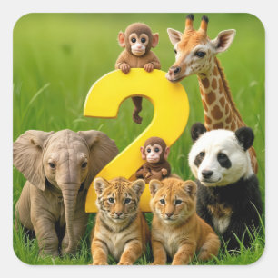 Baby African Animals With a Big Number Two Square Sticker