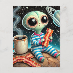 baby alien eating bacon postcard