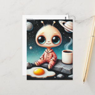 Baby Alien with Coffee and Egg Postcard