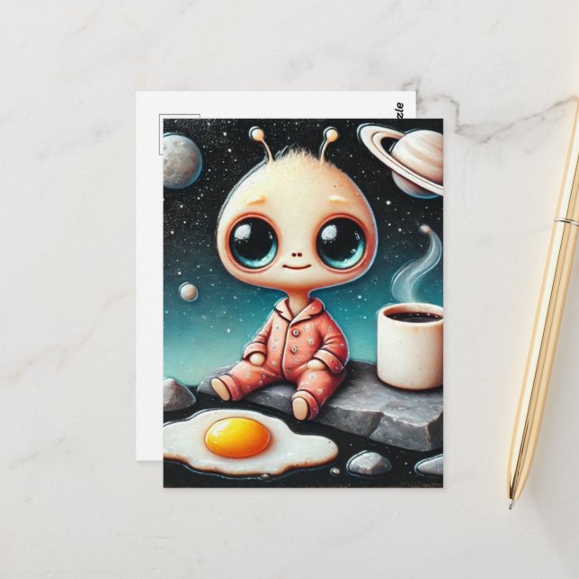Baby Alien with Coffee and Egg Postcard (Front/Back In Situ)