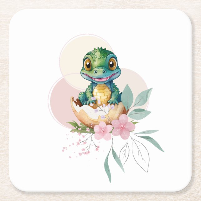 Baby Alligator Hatching Floral Baby Shower Square Paper Coaster (Front)
