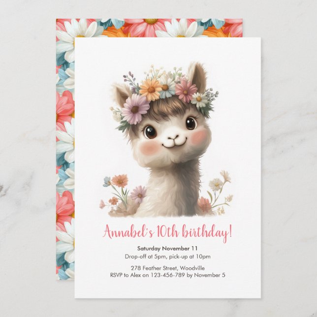 Baby Alpaca Girls Birthday Invitation (Front/Back)