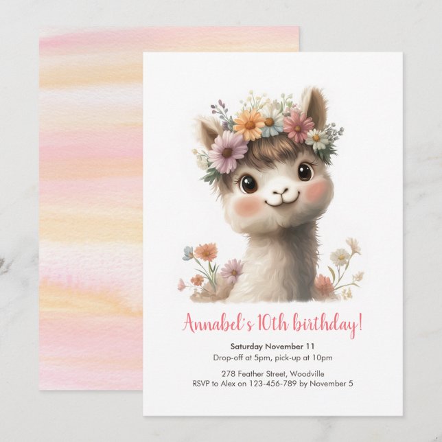 Baby Alpaca Girls Birthday Invitation (Front/Back)