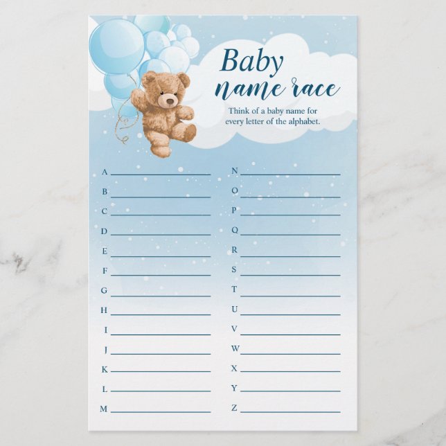 Baby Alphabet Name Race Blue Bear Baby Shower Game Flyer (Front)