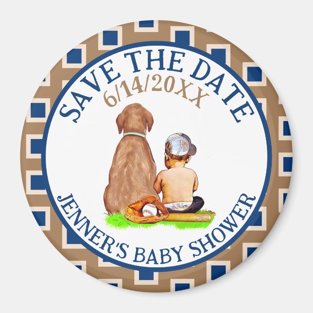 Baby and Dog Baseball Baby Shower Save the Date Magnet (Front)