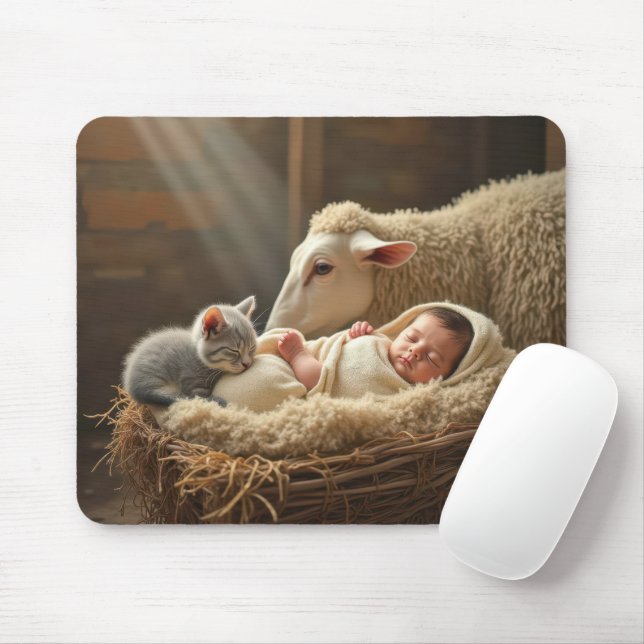 Baby and Kitten In a Barn Manger Mouse Pad (With Mouse)