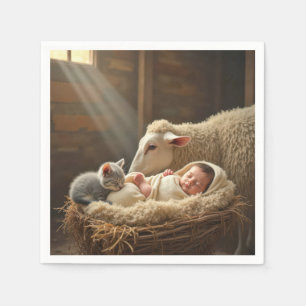 Baby and Kitten Sleeping In a Barn Napkin