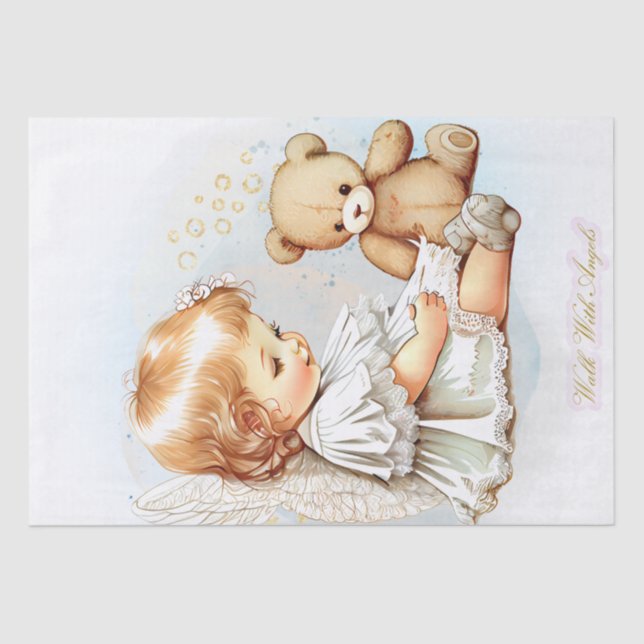 Baby Angel and Teddy Bear Watercolor Tissue Paper (Front)