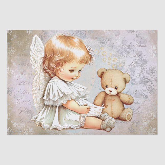 Baby Angel and Teddy Bear Watercolor Tissue Paper (Front)