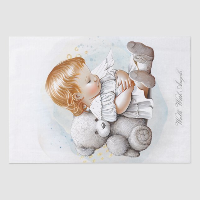 Baby Angel and Teddy Bear Watercolor Tissue Paper (Front)