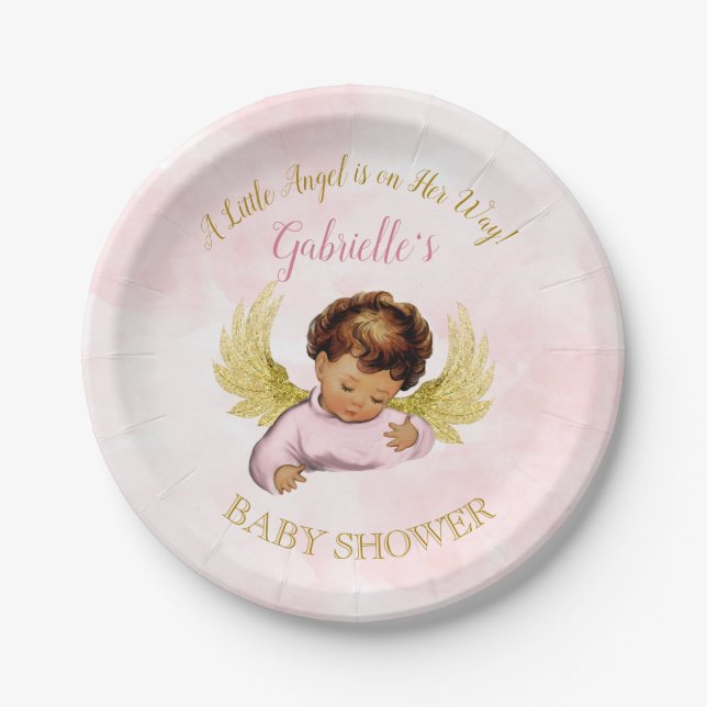 Baby Angel Girl Pink Gold Ethnic Paper Plate (Front)
