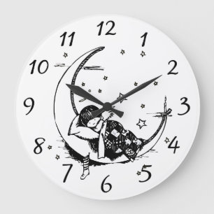 Baby Angel Sleeping on Moon Bedtime Drawing Large Clock