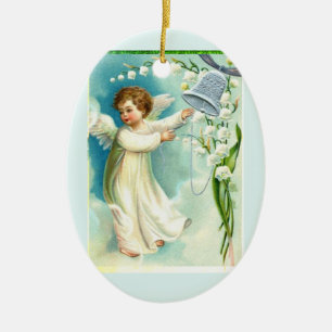 Baby Angel With Blue Bell  Ceramic Ornament