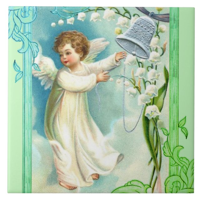 Baby Angel With Blue Bell Ceramic Tile (Front)