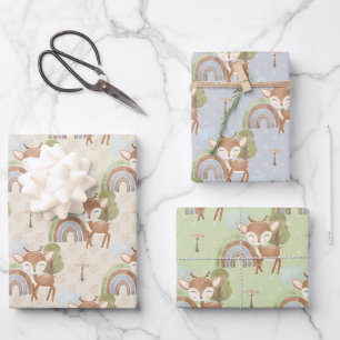 Baby Animal Deer Blue Green Tan Wrapping Paper Sheet