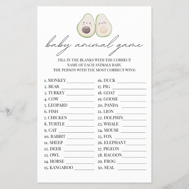 Baby Animal Game Avocado Holy Guacamole Shower Flyer (Front)