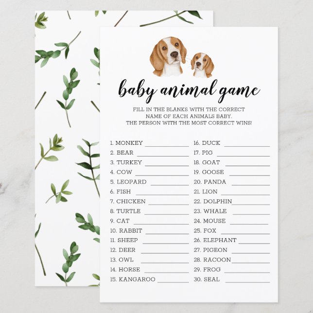 Baby Animal Game Beagle Watercolor Theme (Front/Back)