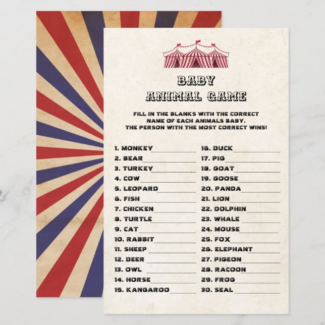 Baby Animal Game Circus Carnival Retro Baby Shower (Front/Back)