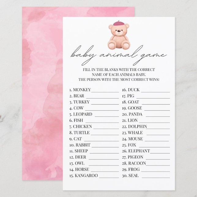 Baby Animal Game French Bonjour Bebe Watercolor (Front/Back)