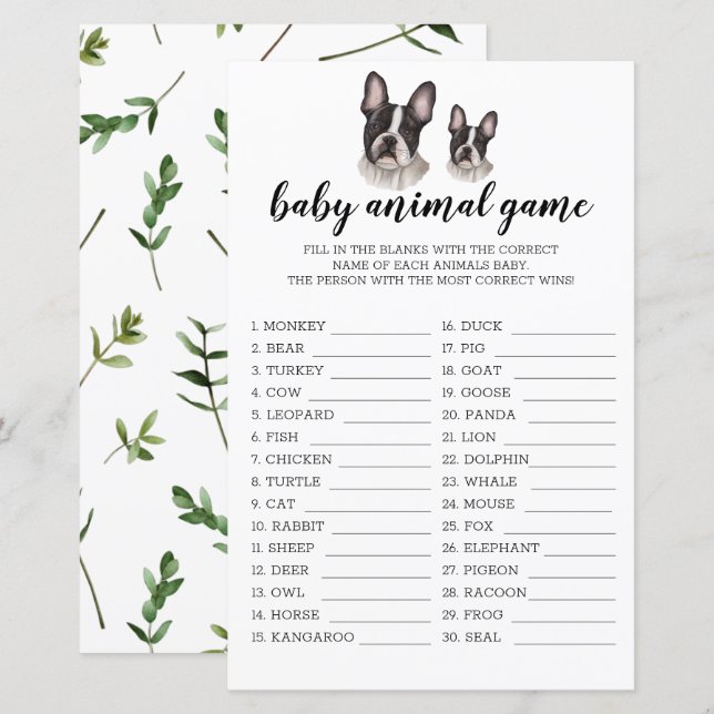 Baby Animal Game French Bulldog Baby Shower BW (Front/Back)