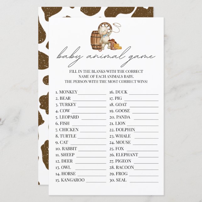 Baby Animal Game Little Cowboy Rustic Western (Front/Back)