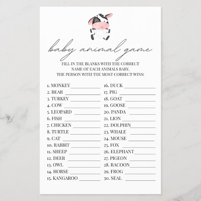 Baby Animal Game Pink Cow Baby Shower Farm Western Flyer (Front)