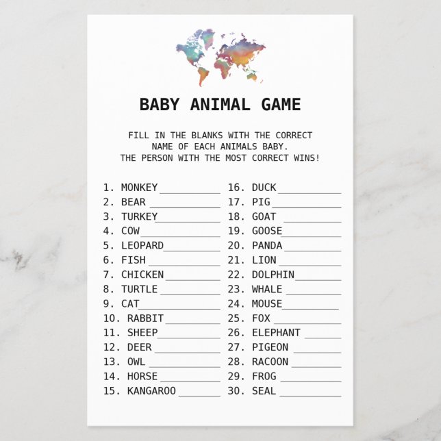 Baby Animal Game Travel Baby Shower Flyer (Front)