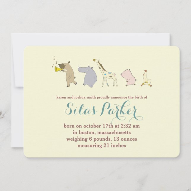Baby Animal Parade Birth Announcement / Invitation (Front)