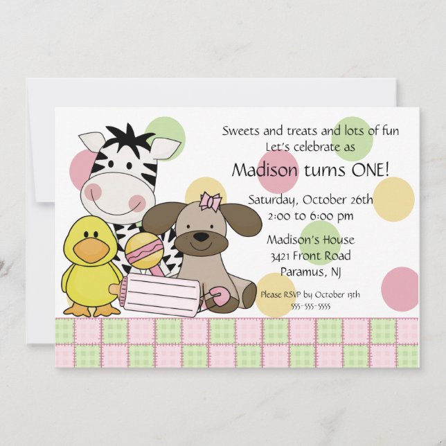 Baby Animals 1st Birthday Girl Invitation (Front)