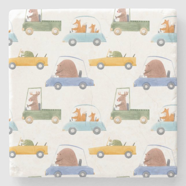 Baby animals: hand-drawn watercolor pattern. stone coaster (Front)