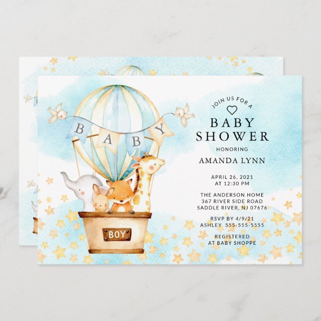 Baby Animals Hot Air Balloon Baby Boy Shower Invitation (Front/Back)