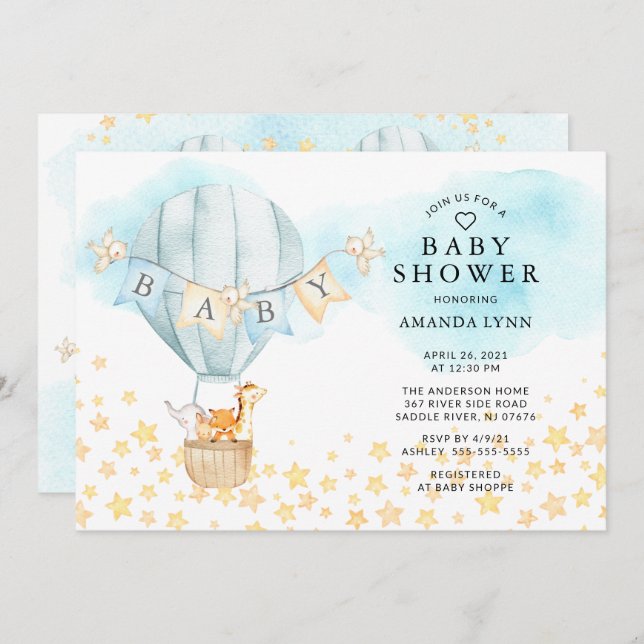 Baby Animals Hot Air Balloon Baby Boys Shower Invitation (Front/Back)