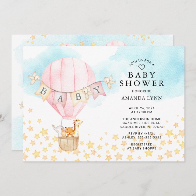 Baby Animals Hot Air Balloon Baby Girl Shower Invitation (Front/Back)