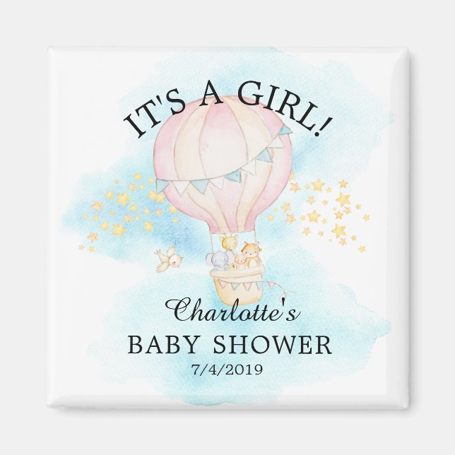 Baby Animals Hot Air Balloon Baby Shower Favor Magnet (Front)