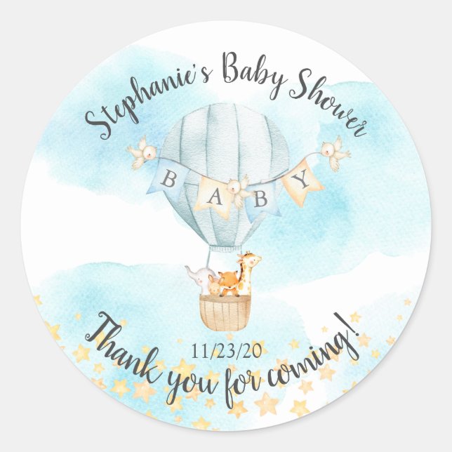 Baby Animals Hot Air Balloon Baby Shower Favour Classic Round Sticker (Front)