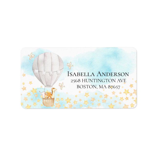 Baby Animals Hot Air Balloon Baby Shower Label (Front)