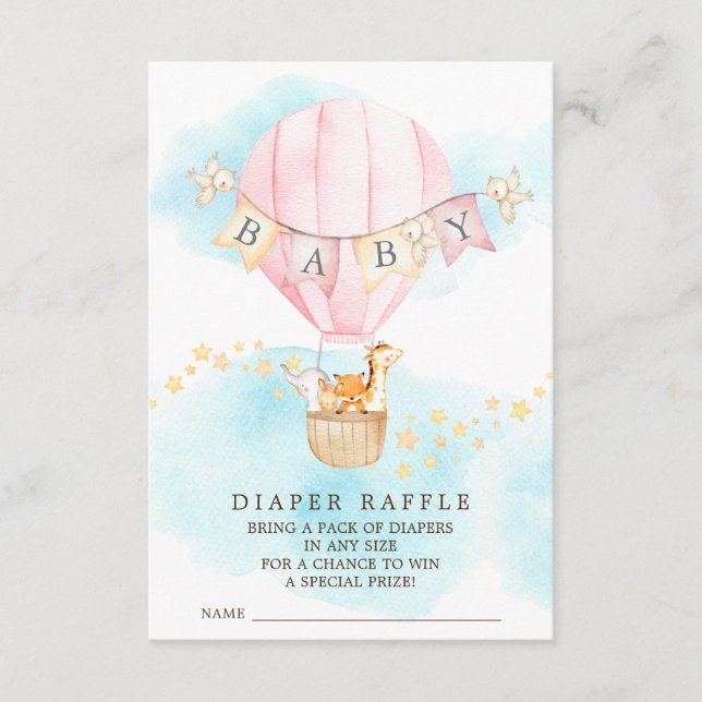 Baby Animals Hot Air Balloon Diaper Raffle Ticket Enclosure Card (Front)