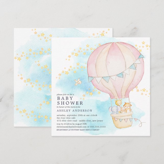 Baby Animals Hot Air Balloon Ride Baby Girl Shower Invitation (Front/Back)