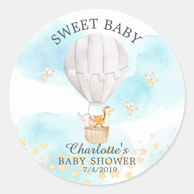 Baby Animals Hot Air Balloon Ride Baby Shower Classic Round Sticker (Front)