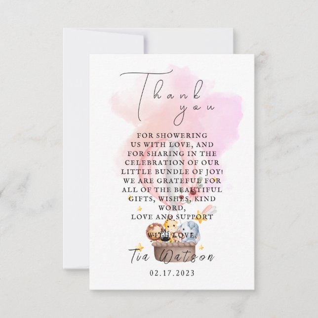  Baby Animals in a Hot Air Balloon Thank you Note  Card (Front)